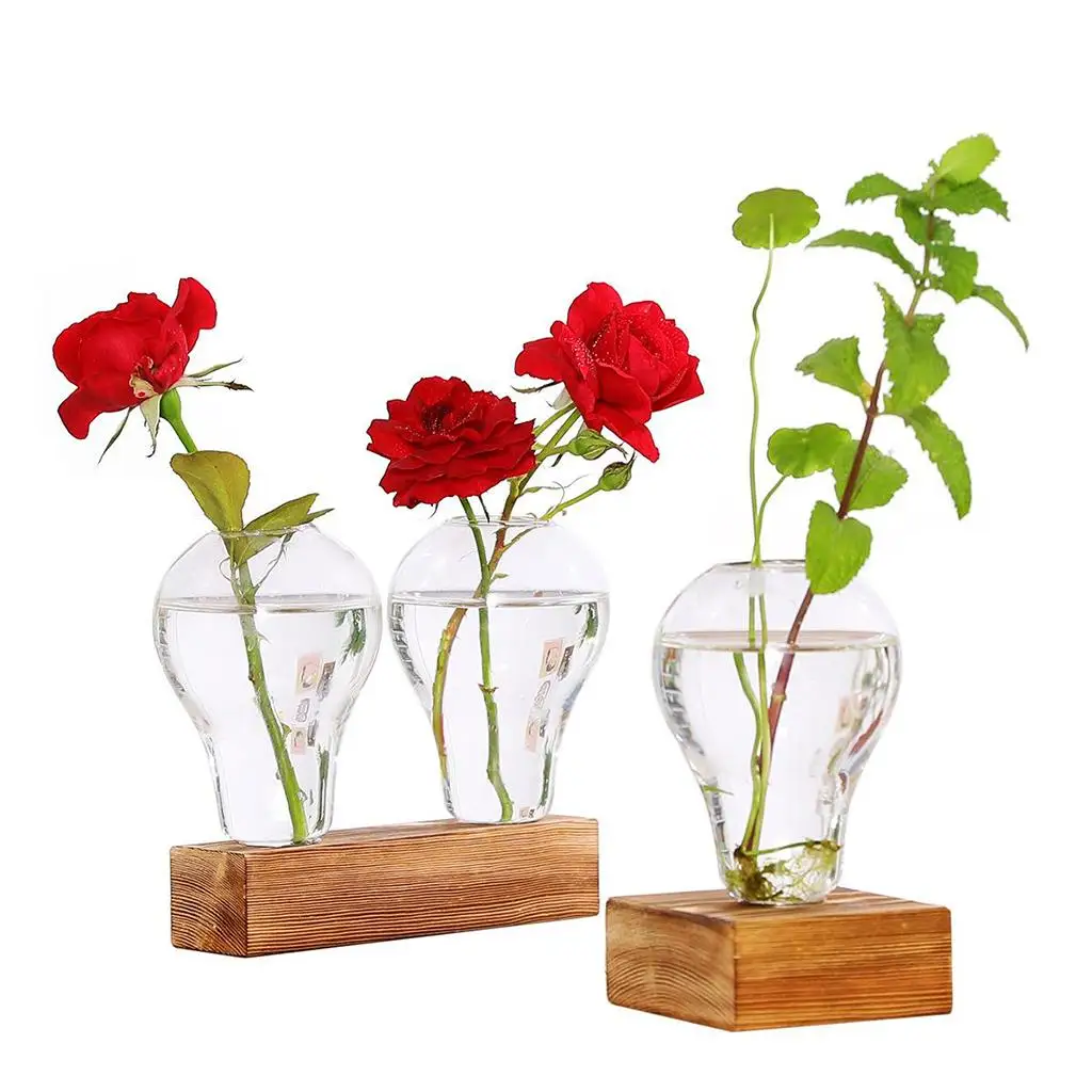 Retro Style Plant Terrarium with Wooden Stand , Glass Vase Holder Creative for Coffee Shop Room Decor