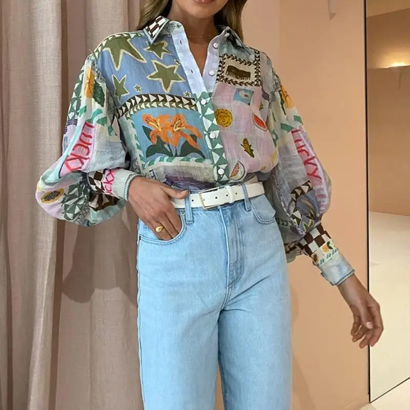 Colletto lungo da donna con stampa ampia, vestibilità ampia, lanterna in fibra di poliestere, felpa da pendolare, stagione primaverile, motivo floreale vegetale