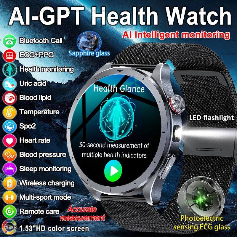 جديد 2025 AL-GPT ساعة صحية ECG + PPG حمض اليوريك ضغط الدم تحليل الجسم HD دعوة مصباح ليد جيب ساعة ذكية النساء الرجال