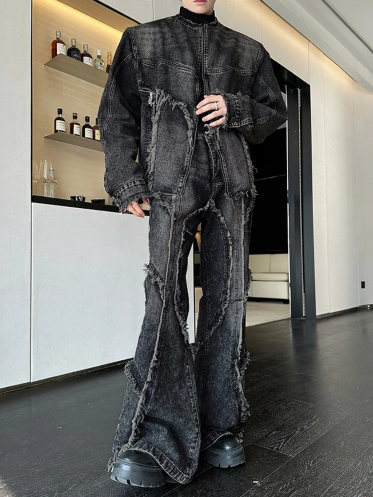 

Heavyweight American Sle Men's Denim Jaet And Jeans Set with Frayed s And Flared Pants for Spring And Autumn