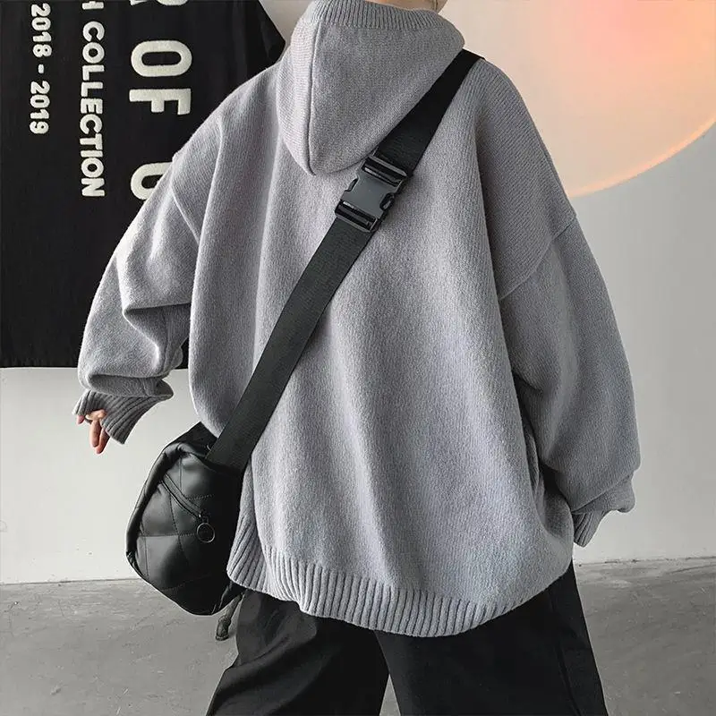 Spring Autumn Men\'s Hooded Sweater Vintage Loose Knitwear Coat Solid Color Fashion Versatile Casual Long Sleeve Pullover Sweater