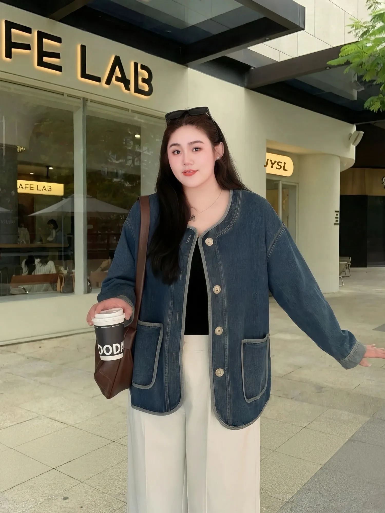 

Loose Fit round Neck Denim Jacket Spring Collection Fashionable Style Casual Cotton Polyester Blend Large Size Women's Coat