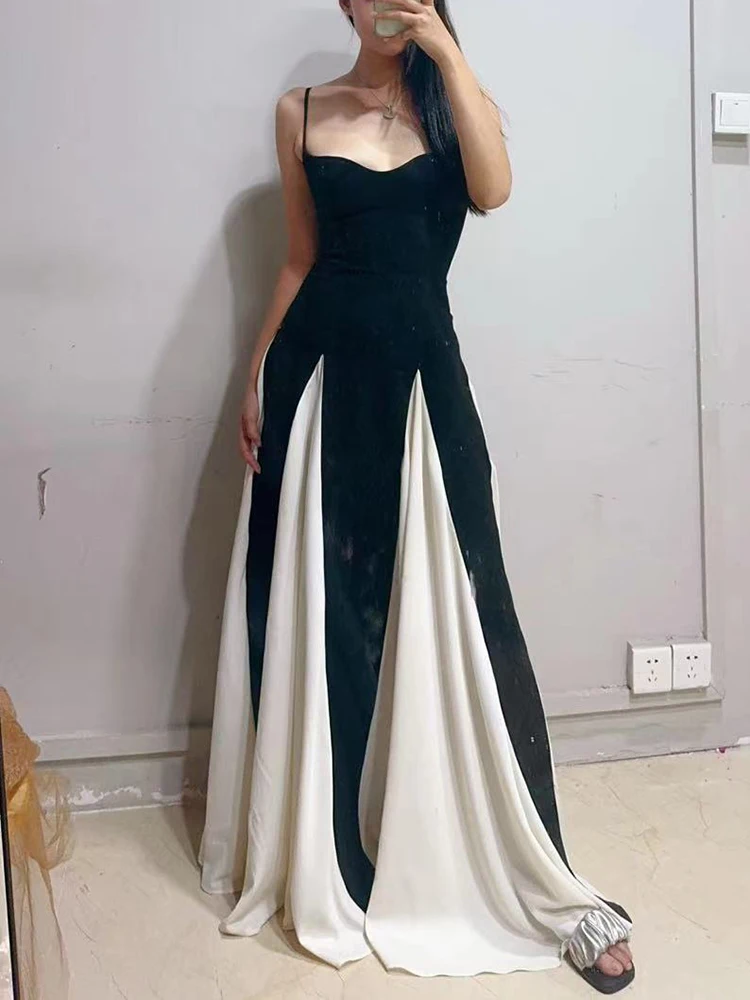 Robe dos nu contrastée noir et blanc de style français, robe longue d'été 2021, taille cintrée et amincissante, grande jupe trapèze