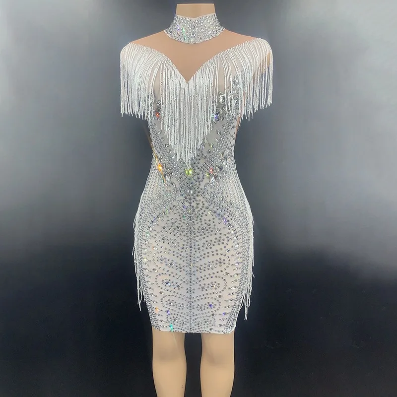 customized elegant tassel neck hanging dress with heavy-duty nail bead hot stamping luxurious design sexy performance outfit