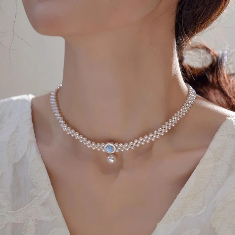 

925Silver Sea Blue Treasure Bracelet Multi-layer Woven Shi Family Pearl Necklace for Women Niche New Chinese Style Bestie Jewelr