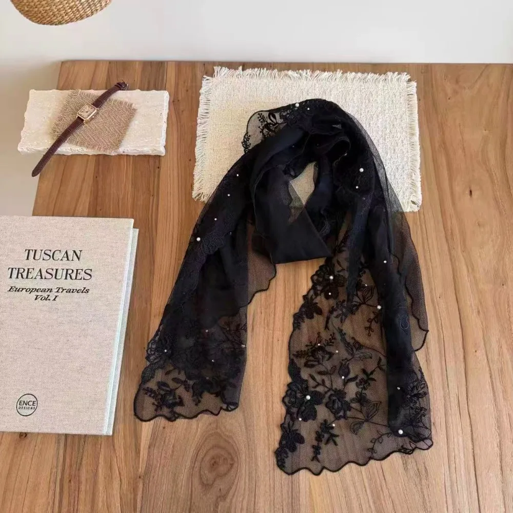 

Versatile Retro Women's Lace Scarf Korean Version Solid Color Sunscreen Shawl Embroidered Flower Long Female Headscarf