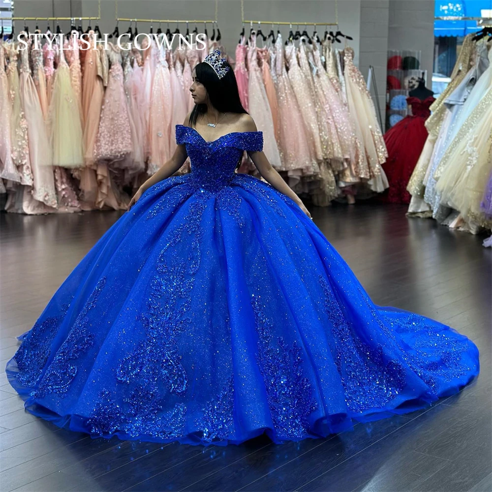 

Princess Royal Blue Off The Shoulder Ball Gown Quinceanera Dress For Girls Beaded Appliques Birthday Party Gowns Prom Dresses