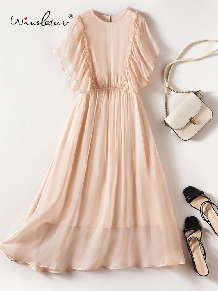 

Winsleter-Женское элегантное платье из 100% натурального шелка, оборки с летающими рукавами и круглым вырезом, платья для пляжного отдыха, весна-лето 2023 D53217CC