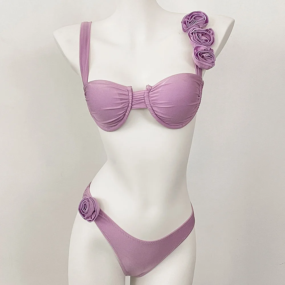 섹시한 3D 꽃 반짝 이는 핑크 푸시 업 비키니 2025 여성 수영복 Underwired 수영복 하이 컷 수영복 주름진 비키니 세트