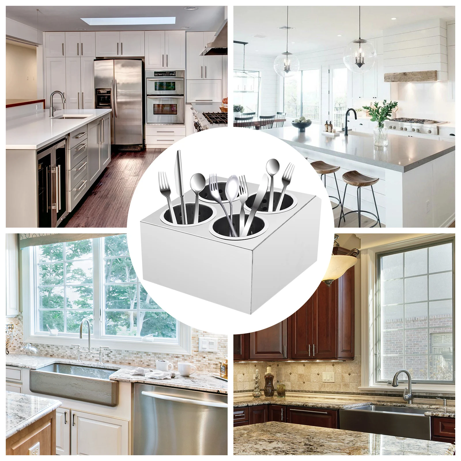 กล่องเก็บมีดและส้อมแบบ 4 ช่อง 2 แถว ยี่ห้อ Bymaocar สำหรับวางบนเคาน์เตอร์ ทรงกระบอก วัสดุสแตนเลส สำหรับจัดเก็บอุปกรณ์ครัว