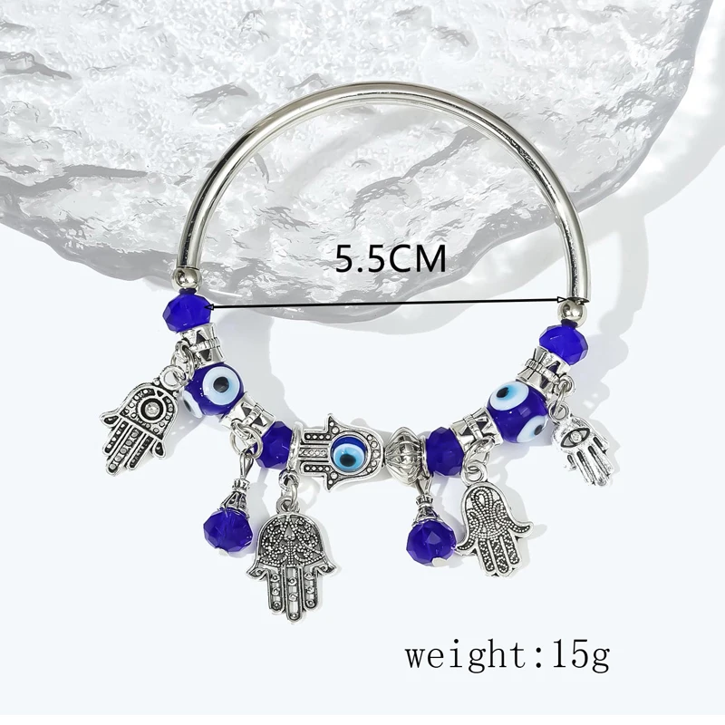 Ethnic Hand Palm Evil Eye Charm Bracelets for Women Men Boho Elastic Resin Bead Bangle Armband Vintage Silver Color Jewelry 2023