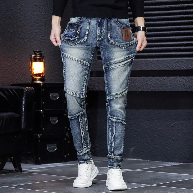 new handsome and personalized nostalgic multi pocket patchwork with raw edge elastic jeans for men's  denim jeans