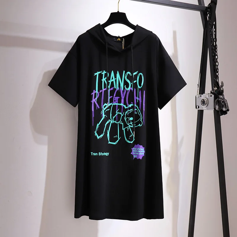 Plus Size 150Kg Women's Summer Loose Hooded Bear T-Shirt Dress Bust 157cm 6XL 7XL 8XL 9XL 10XL Short-Sleeved Letter Dress