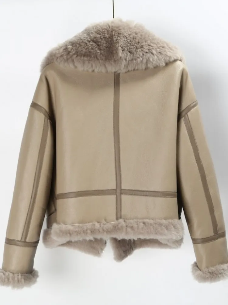 Winter Womens Shearling Jas Warme Wollen Voering Echt Lederen Motorjas Hoge Kwaliteit Streetwear Echt Bont Korte Overjas