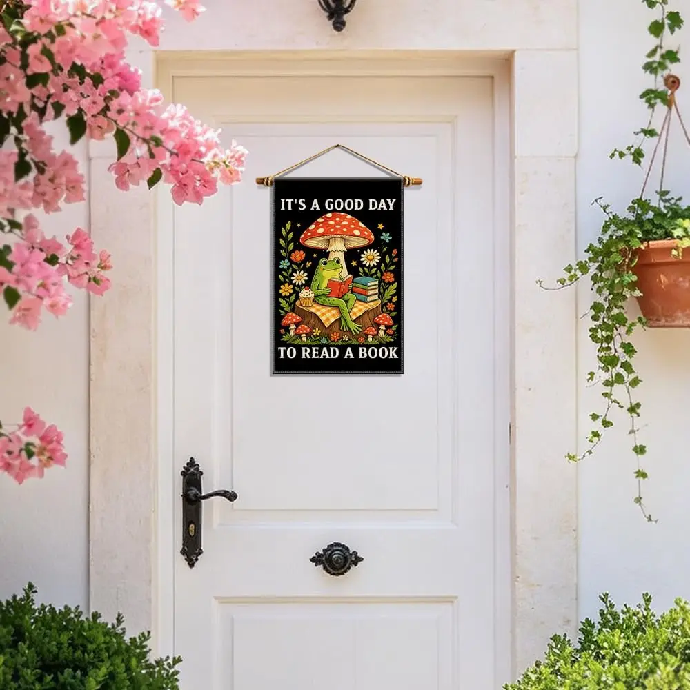 It's A Good Day To Read A Book Frog Mushroom Double Sided Flag yyi