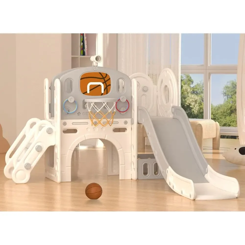 

Toddler Slide Set for Ages 1-3: Indoor/Outdoor Playground with Ring Toss, Basketball, and Telescope (Beige & Gray)