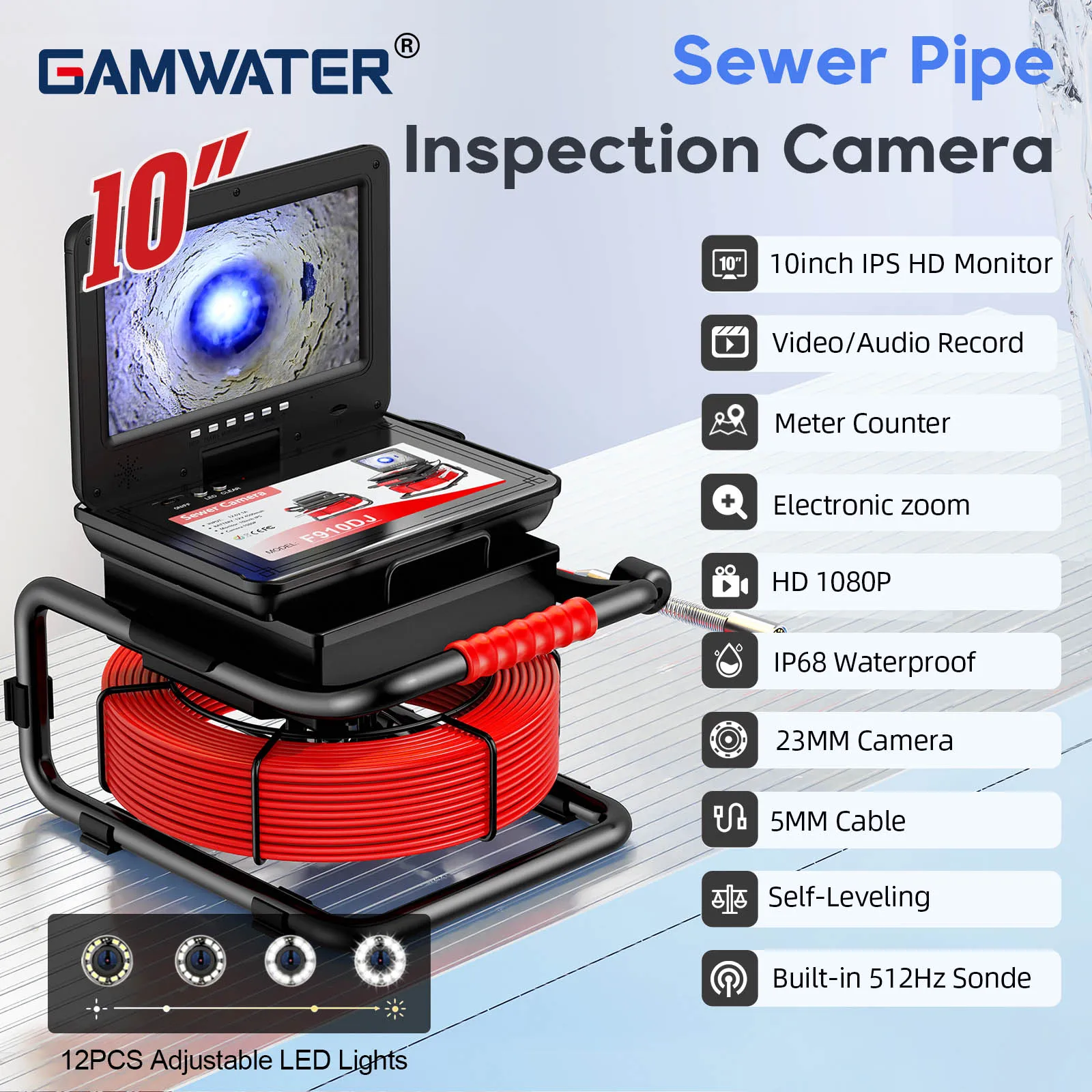

10-Inch IPS 1080P Sewer Inspection Camera with 512Hz Locator, Meter Counter & 5MM Fiberglass Cable