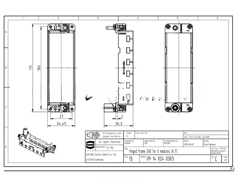 1pcs 09140240303 HAN module frame Harting Han 6-position metal frame A-F original