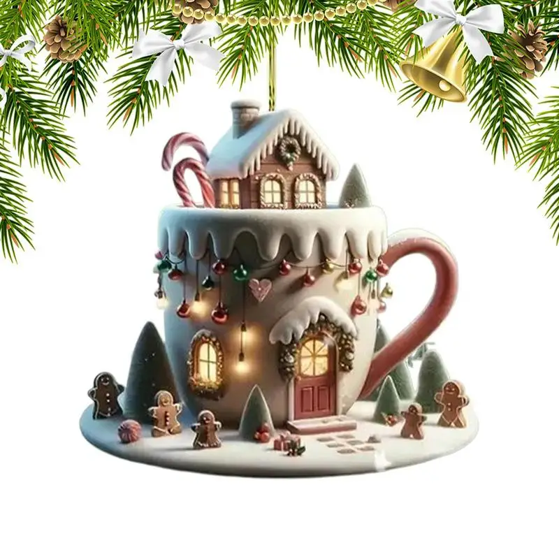 Kaffeetasse, Weihnachtsschmuck, Acryl, heißer Kakao, baumelnde Baumschmuck, 8 cm, baumelnder Beutelanhänger, einzigartiger Weihnachtsbaumschmuck