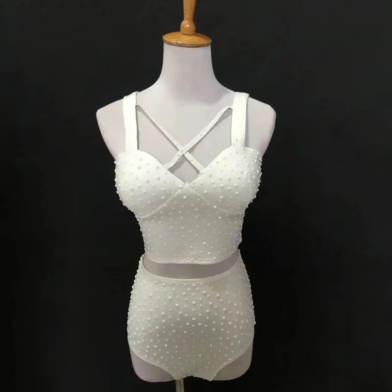 Shiny Rhinestones Tops High Waist Shorts Female Nightclub Bar Pole Dance Costumes Sexy Gogo Dancer Outfit Jazz Dancewear