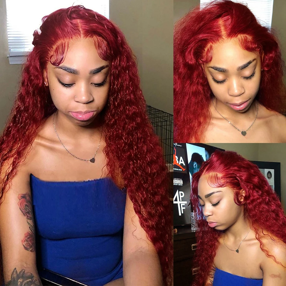 Deep Wave HD Lace Frontal Wig Burgundy Colored Hd Lace Front Wig Red 99J Curly Transparent Lace Front Human Hair Wigs For Women