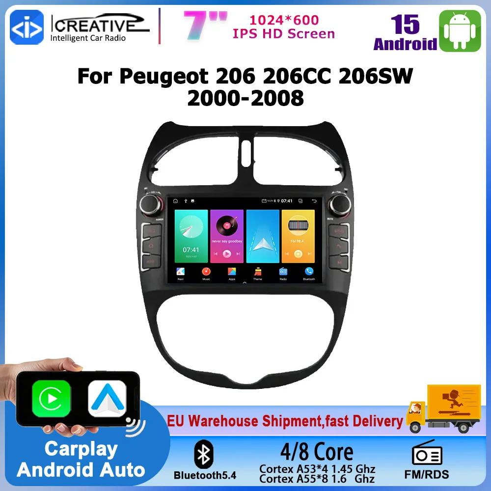 7 Zoll 1024*600 IPS HD Bildschirm Android 15 Autoradio für Peugeot 206 206CC 206SW 2000-2008 Navigation GPS Stereo 2 Din Multimedia Video Audio Player Android Auto Carplay Head Unit Bluetooth Navi