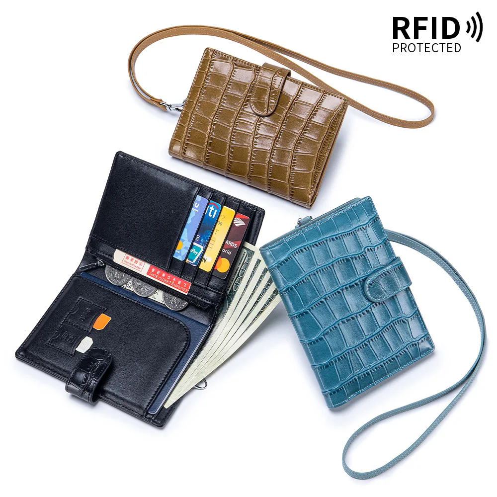 Lady Purse Top-layer Cowhide Crocodile Pattern Neck-hanging Passport Holder Travel Ticket Holder Genuine Leather Wallet