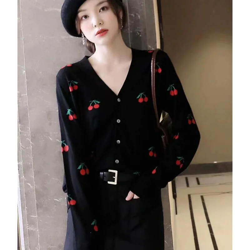 Fashion all-match embroidered cherry cashmere cardigan spring and Autumn women\'s new bottom sweater sweater loose wool coat