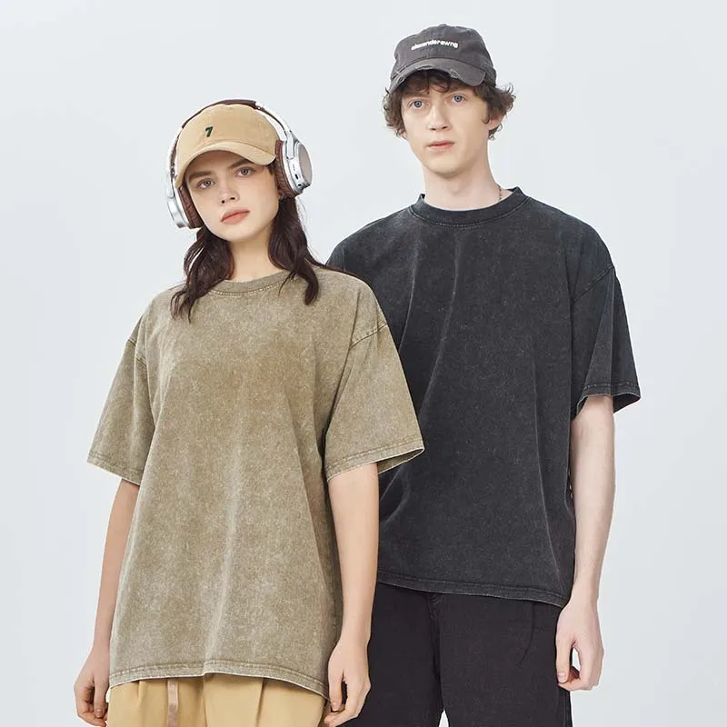 男性と女性のためのウォッシュドコットンTシャツ,ゆったりとしたクルーネック,特大,カジュアルでヴィンテージ,半袖,アメリカン,y2k