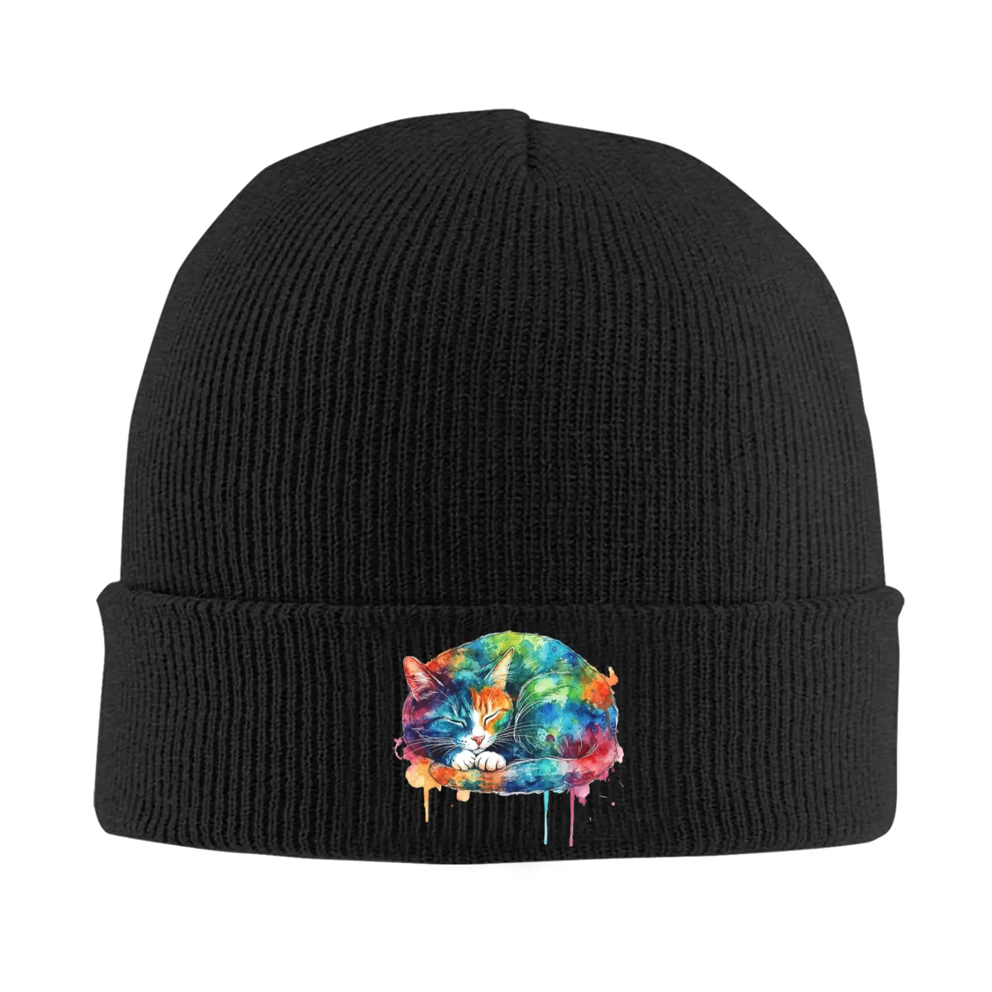 Sleeping Cat Portrait Colourful Watercolour Rainbow Cat Beanie Hats  Skullies Beanies Unisex Elastic Caps Bonnet Hats