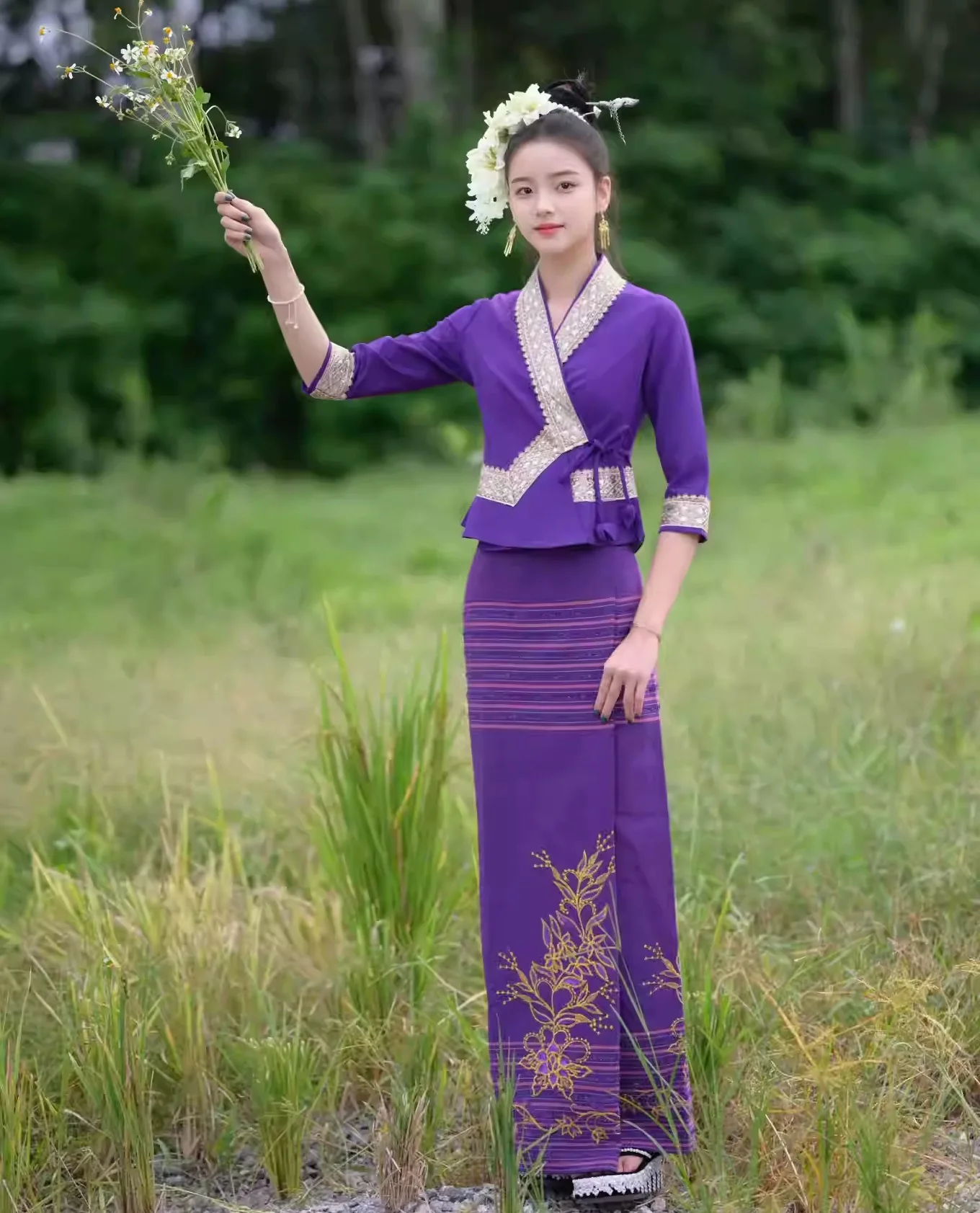

Girl Dai Ethnic Minority Style Tops + Skirt Suit Xishuangbanna Costume Purple Top + Brocade Skirt Daily Wear in OrientTown FE049