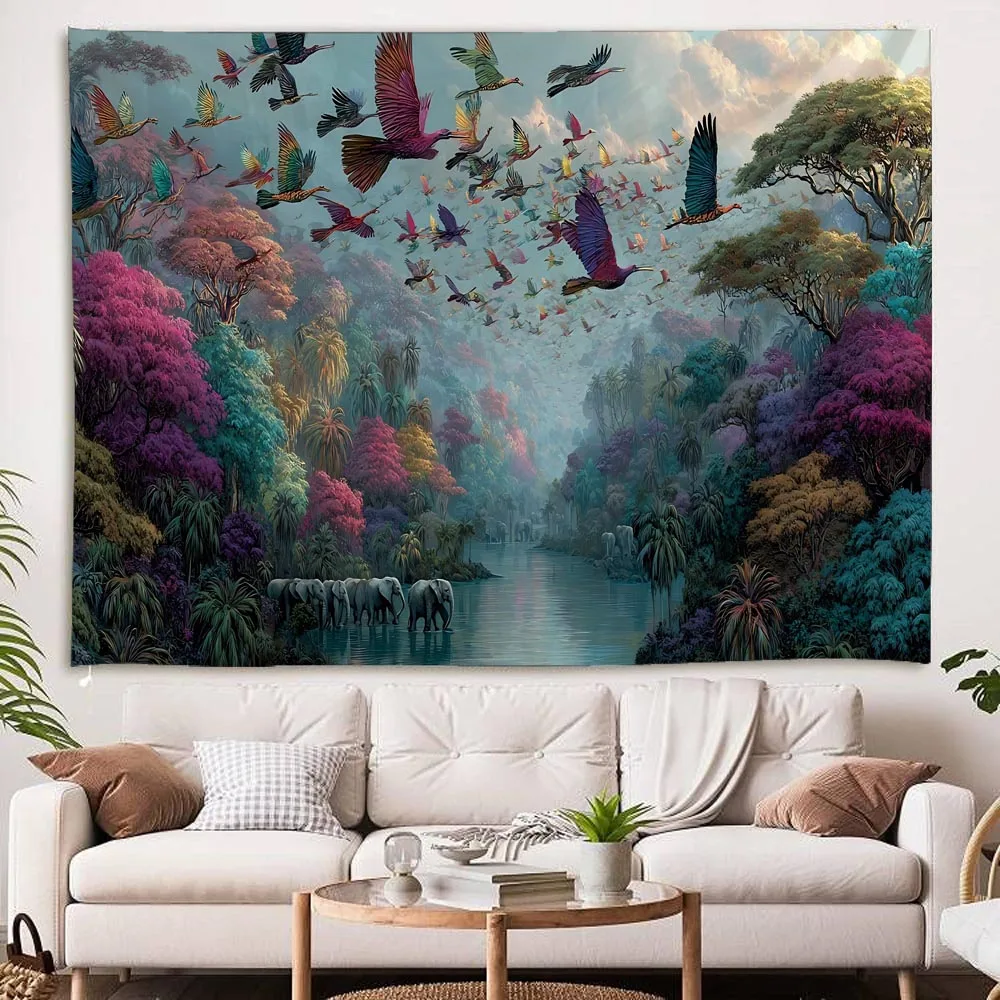 

Colorful Jungle Elephant Tapestry with Dreamy Flowers And Birds Mural for Bedroom Living Room Dormitory Wall Decorative Backgrou