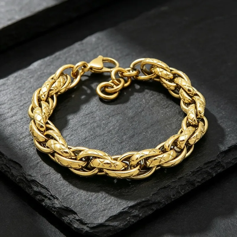 Gothic Thick-Pattern Stainless Steel Rope Twisted Chain Bracelet - Hip-Hop Style Men's Accessory, 11mm x 9 inch