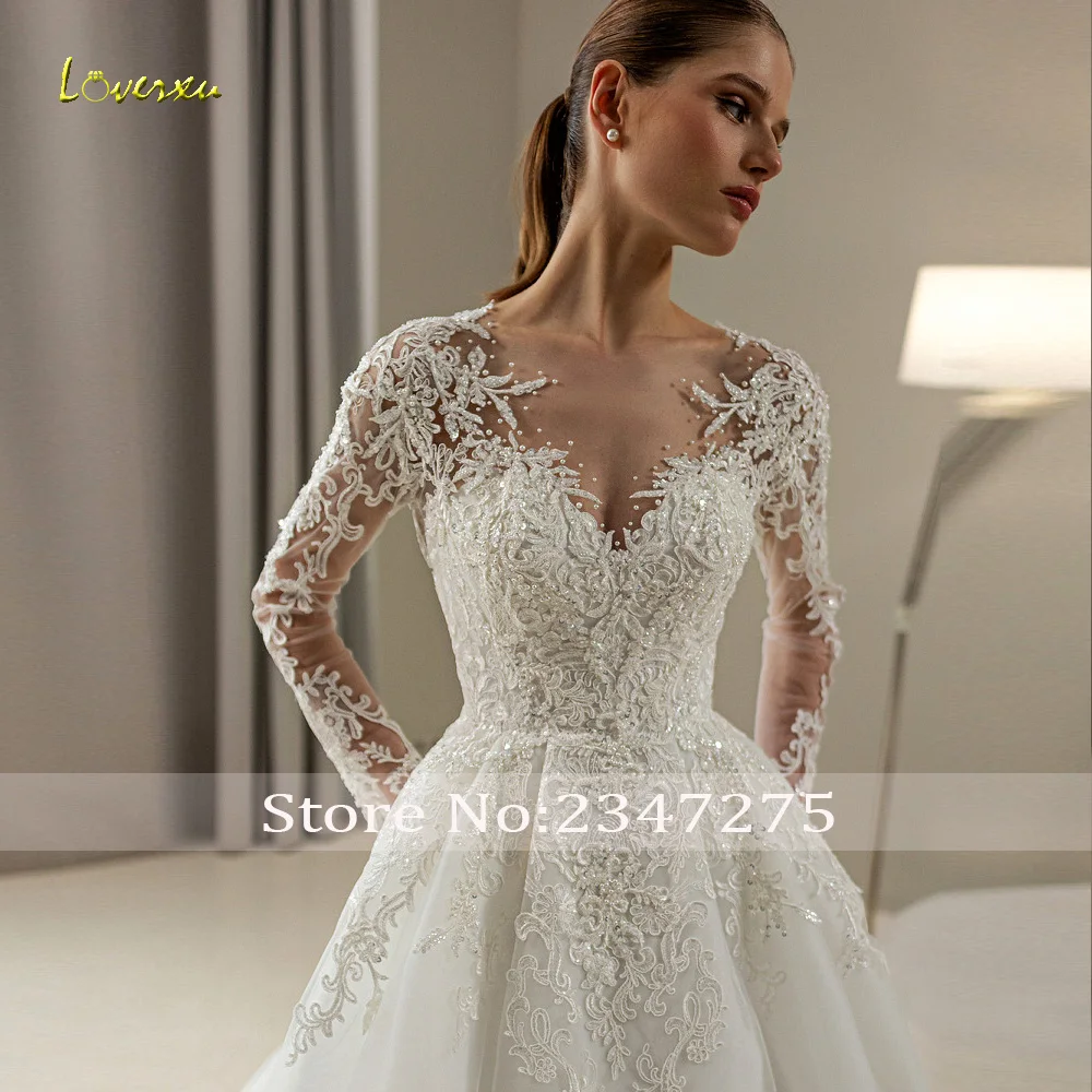 Loverxu A-lijn Elegante Trouwjurken V-hals Lange Mouw Vestido De Novia Kant Lovertjes Prinses Custom Made Robe De Mariee