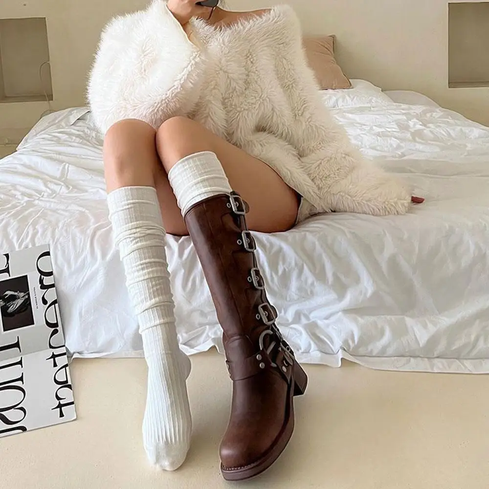 

1 пара вязаных длинных носков для ботинок, повседневные носки выше колена, однотонные теплые гольфы, женские чулки до колена