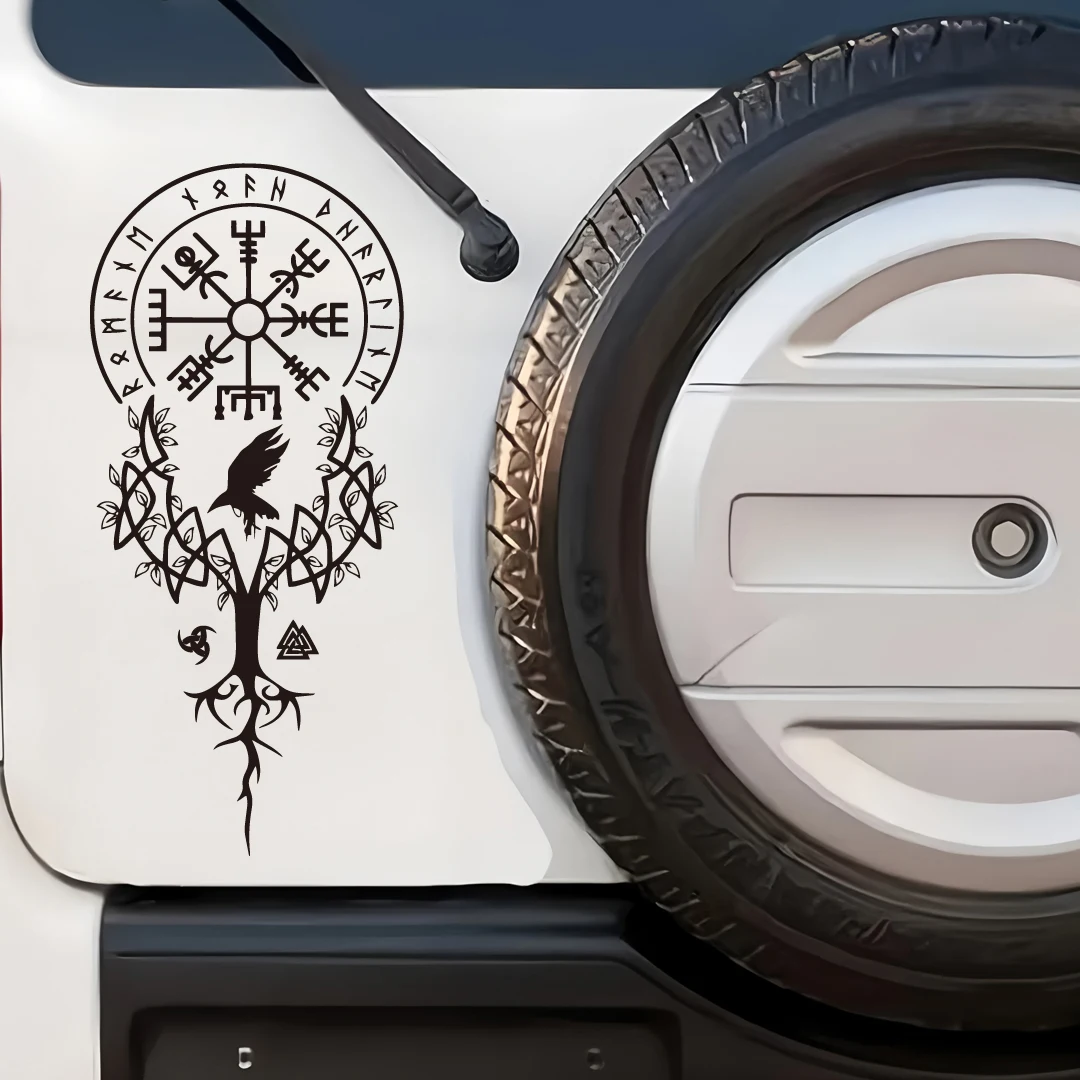 Viking Compass Yggdrasil Raven Vinyl Decal Waterproof Car Truck SUV Window Sticker - Norse Mythology, Durable, Scratch-Resistant