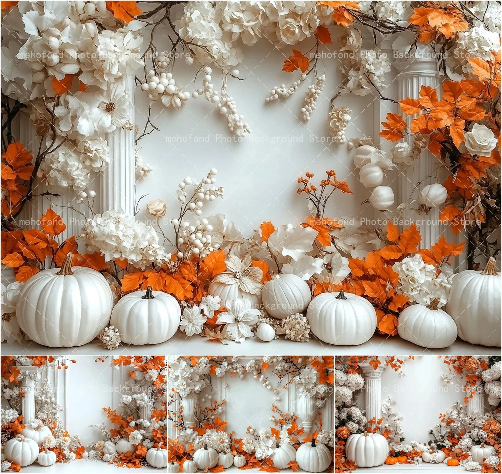 Mehofond Autumn Thanksgiving Theme Flowers White Pumpkin Pillar Fallen Leaves Children's Photo Simplicity Photography Background