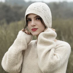100% Merio Wool Fashion Beanies for Women Autumn Winter Fashion Hollow Out Soft Warm Wollen Skullies Cap Luxury Cashmere Bonnet