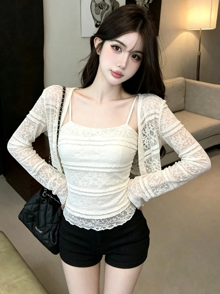 Sweet Lace Hollow out Crop Top And Cardigan Two Piece Set Sleeveless Slimming Base Layer Sun Protection Fashionable Spring Au...
