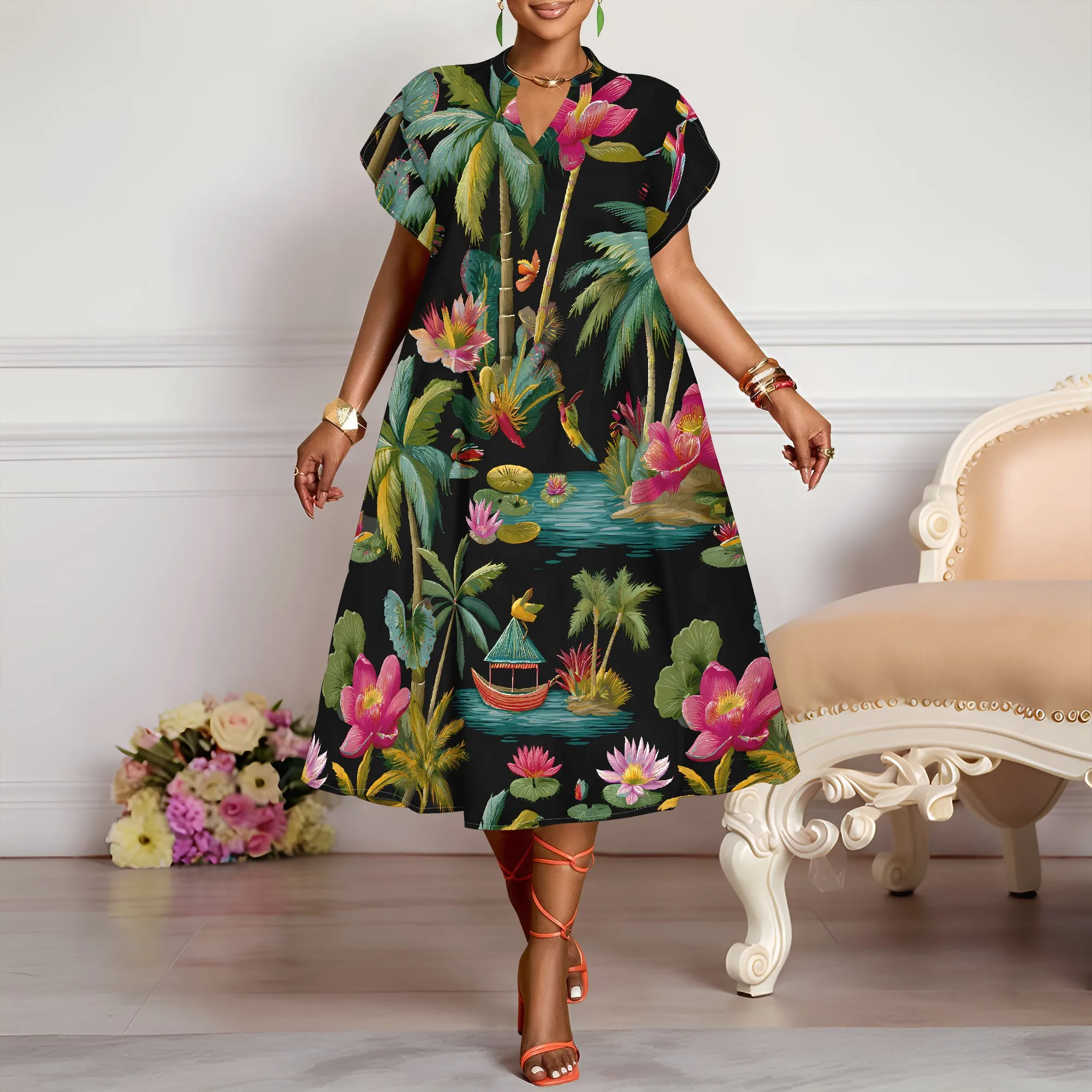 Tropical Print V Neck Dress, Floral Pattern Lotus Design, Palm Tree Boat Graphic, Summer Beach Party Wear for Women, XS-3XL