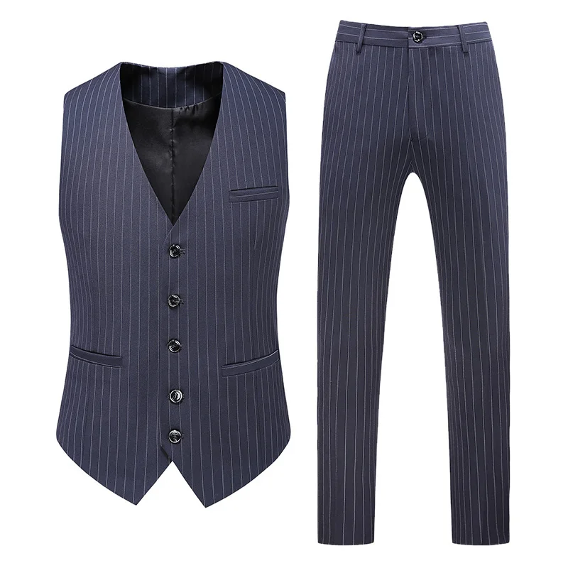 ( Jacket + Vest + Pants ) Groom Wedding Dress Boutique Striped Formal Double Breasted Suit 3pce Set Mens Casual Business Suit