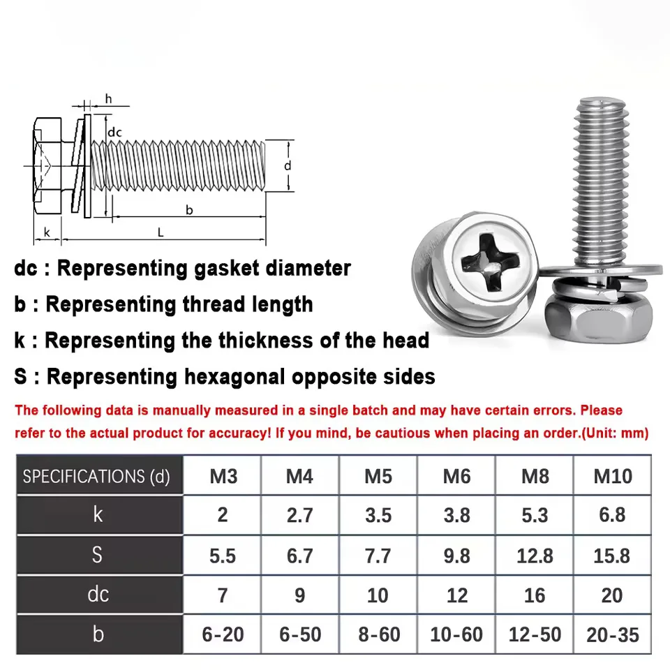 304 Stainless Steel Cross Hexagonal Combination Screw with Washer  Spring Washer Concave Hole Combination Thread Machine Bolts