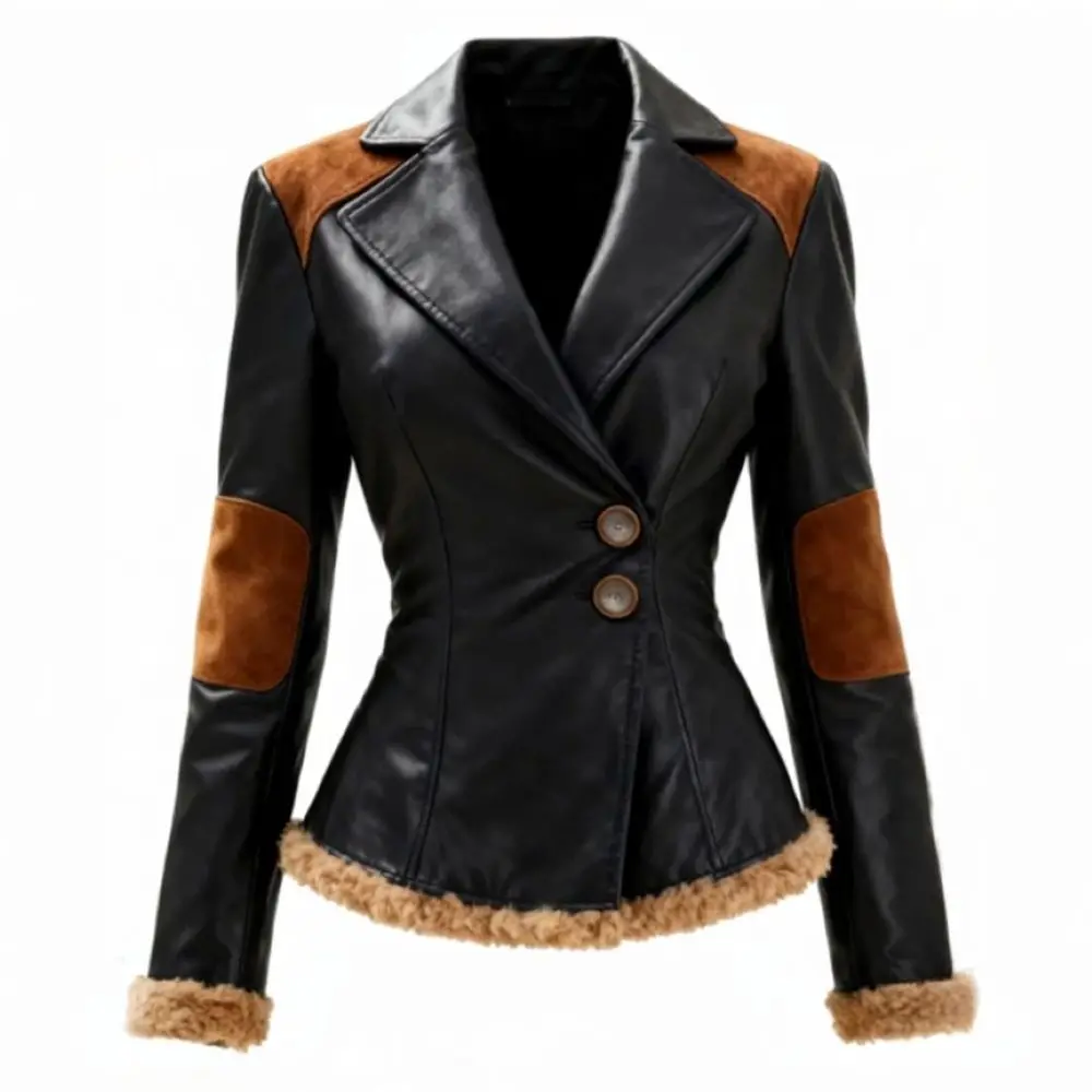 

Women's retro lapel leather jacket top with no fleece lining