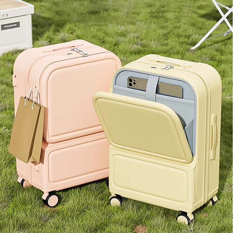 Front Opening Boarding Suitcase 20 inch Multifunctional Cup Holder Luggage Computer Compartment Trolley Case Silent Wheel