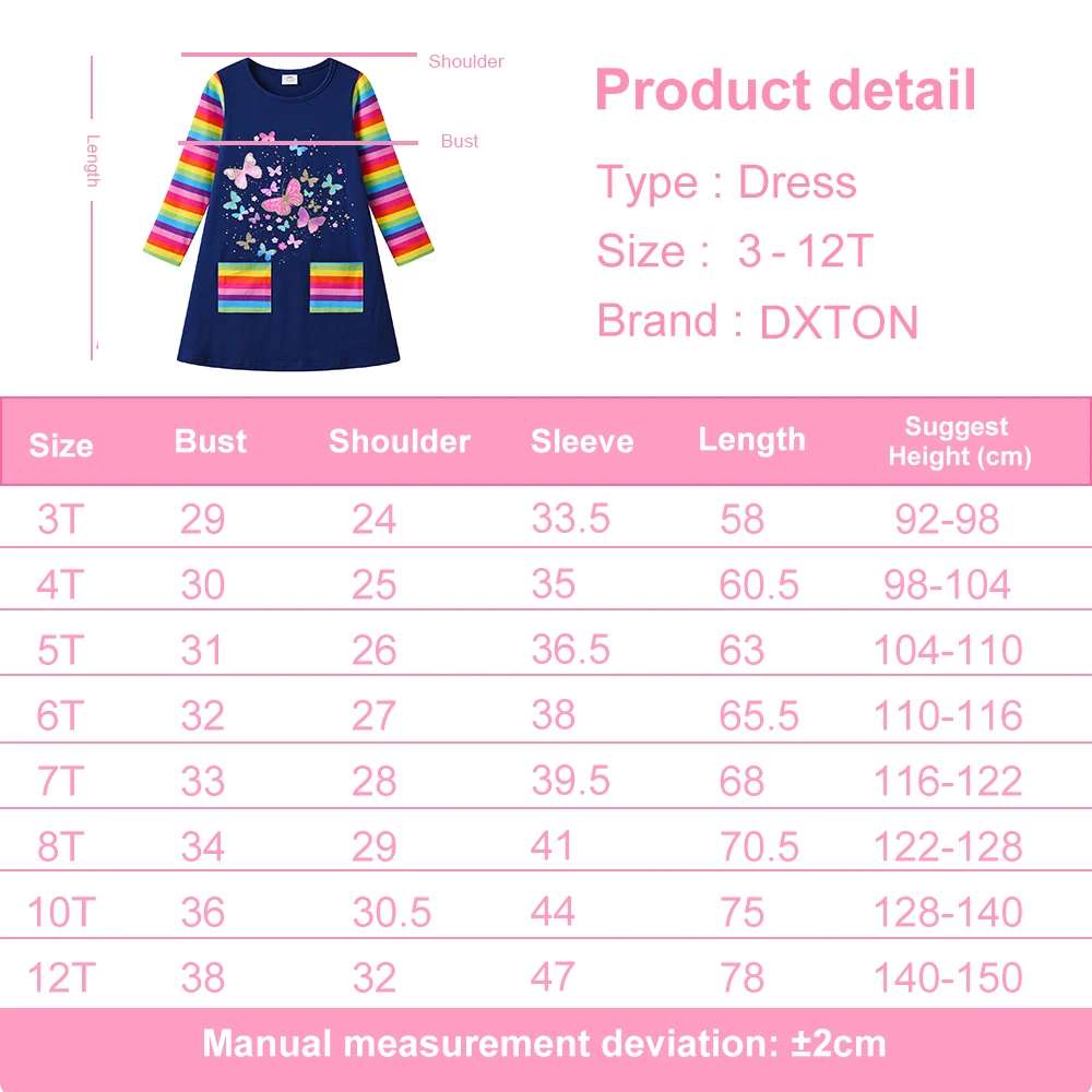 DXTON Toddler Autumn Clothing Rainbow Long Sleeve Girls Dress Butterfly Kids Dress For Girls Children Daily Dresses With Pocket