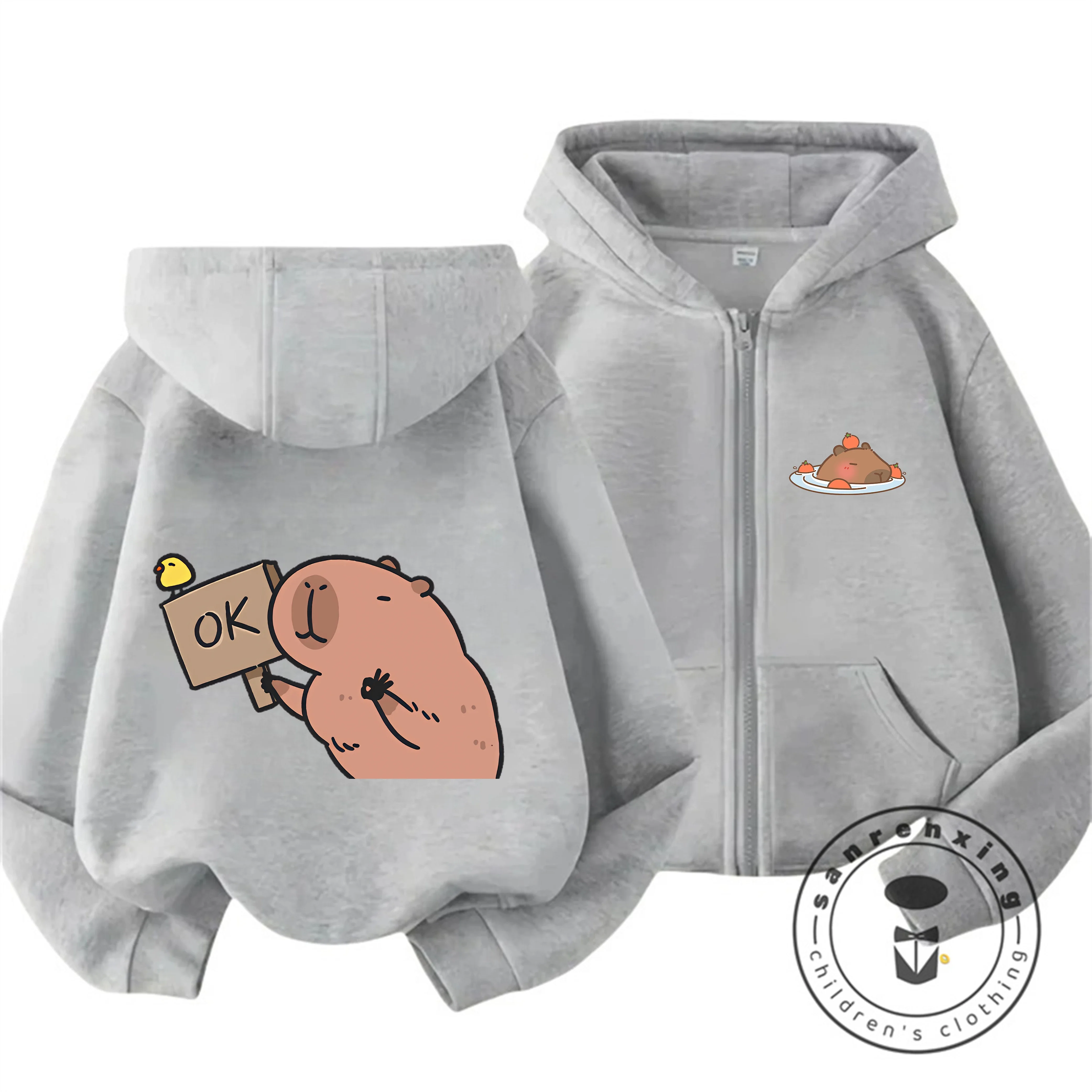 

Модная толстовка с капюшоном Kawaii Capybara на молнии для детей, мальчиков и девочек, осенне-зимняя, с милым мультяшным рисунком, новый стиль, детская толстовка с капюшоном