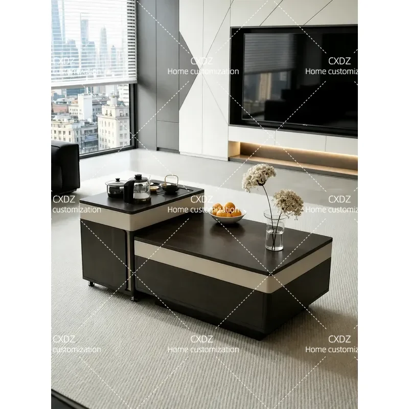 Italian Minimalist Solid Wood Coffee Table with Tea Edge One Piece Combination Tea Cabinet High End Rectangular Modern Living