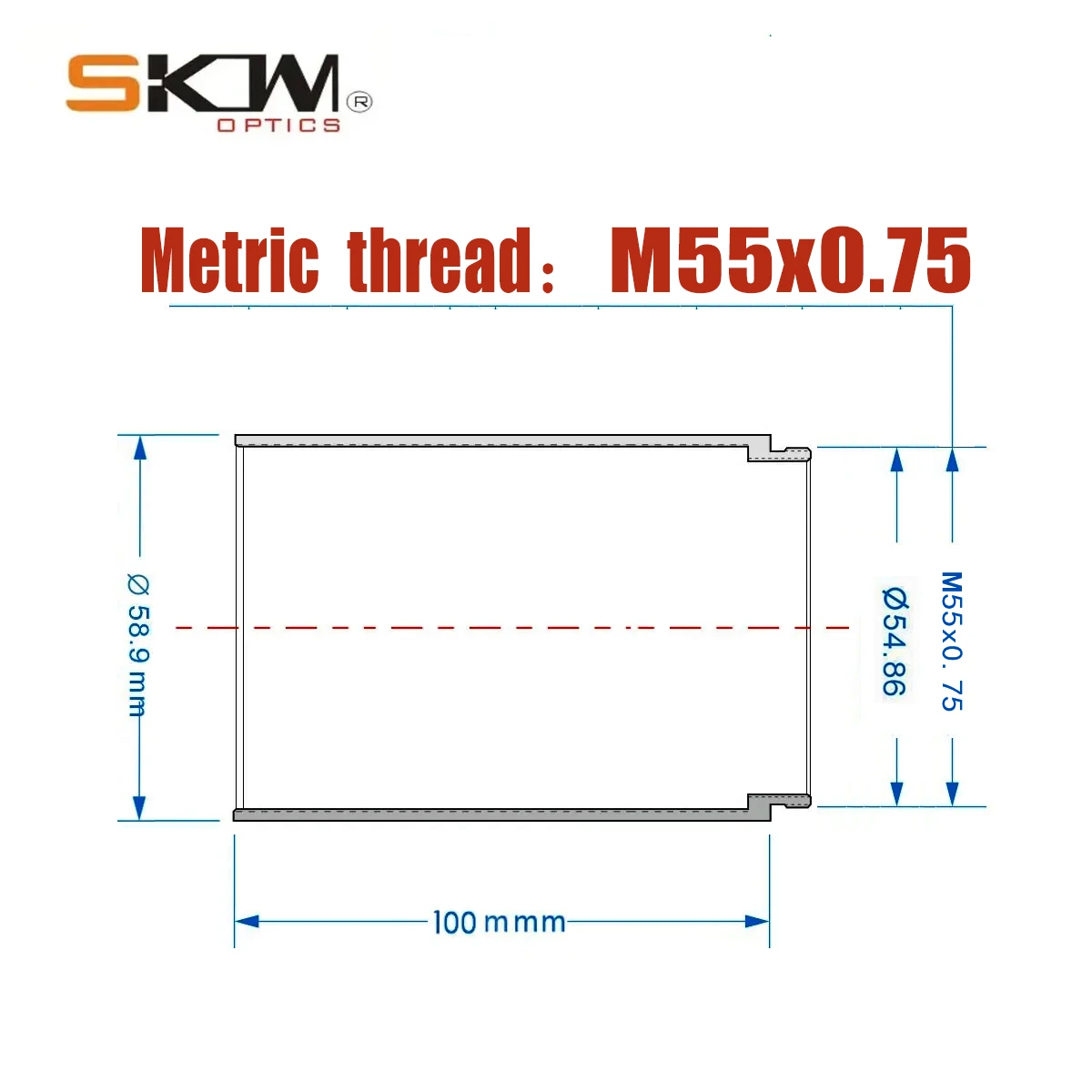SKWoptics-Anti-Reflective Optical Scope M55X0.75, Sunshade Tube, 50mm, aluminium