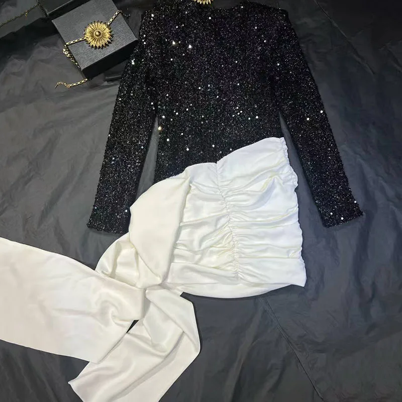Damen-Patchwork-Kleid mit Pailletten, langärmelig, Rundhalsausschnitt, figurbetonter Rock mit Farbblockierung, hochwertiges Abendkleid, Herbst, Neuankömmling,