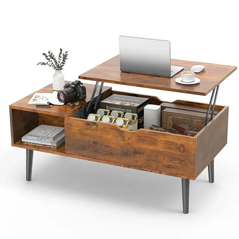 Lift Top Coffee Table for Living Room, Wooden Center Table with Rising Tabletop, and Hidden Compartment, Storage Shelf